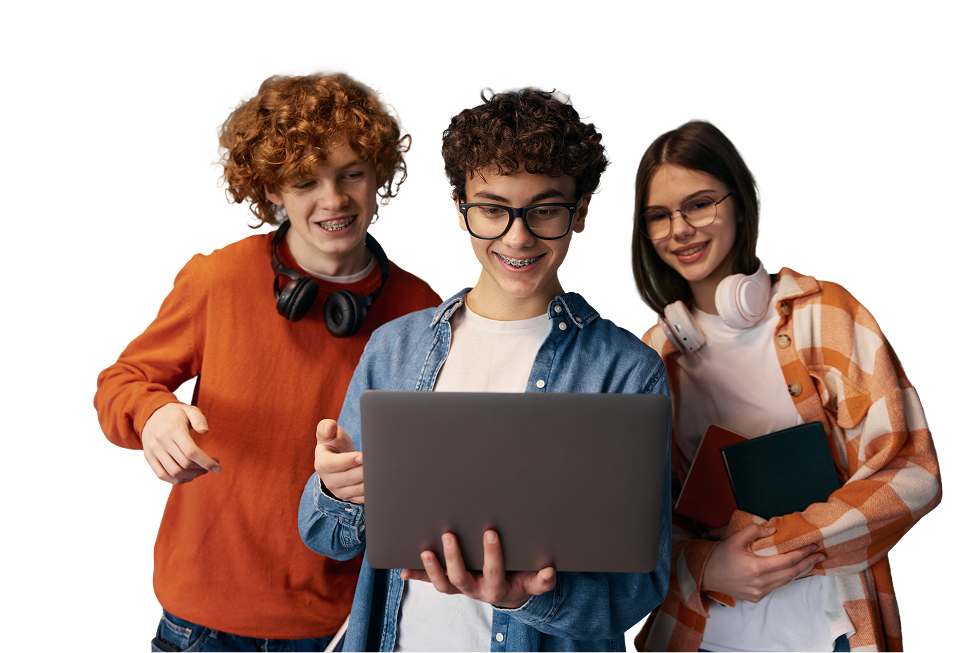 Schülerinnen und Schüler mit Laptop